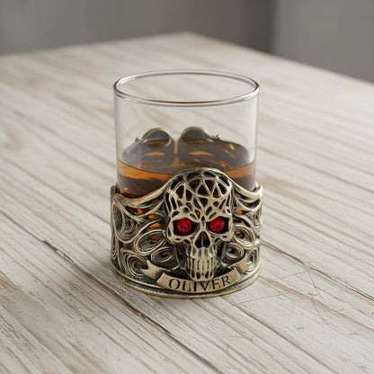 Personalized Skull Whisky Glass | Custom Engraved Whiskey Glass with Skull Holder | Gothic Gift