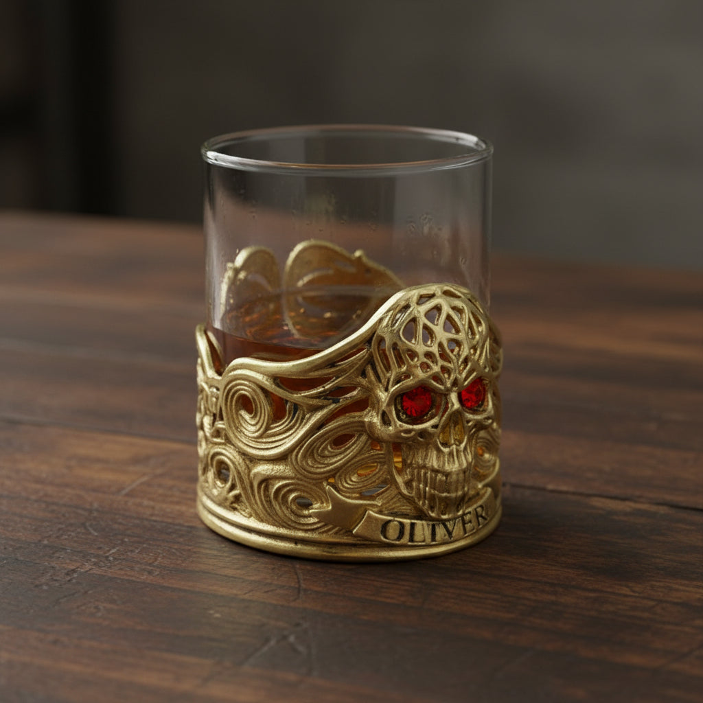 Personalized Skull Whisky Glass | Custom Engraved Whiskey Glass with Skull Holder | Gothic Gift