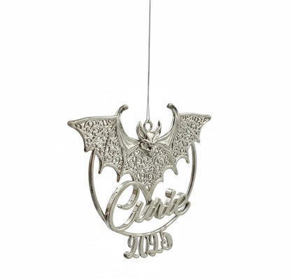 Personalised bat christmas ornament | filigree metallic tree decoration in gold, silver or antique | set of 2 or 4