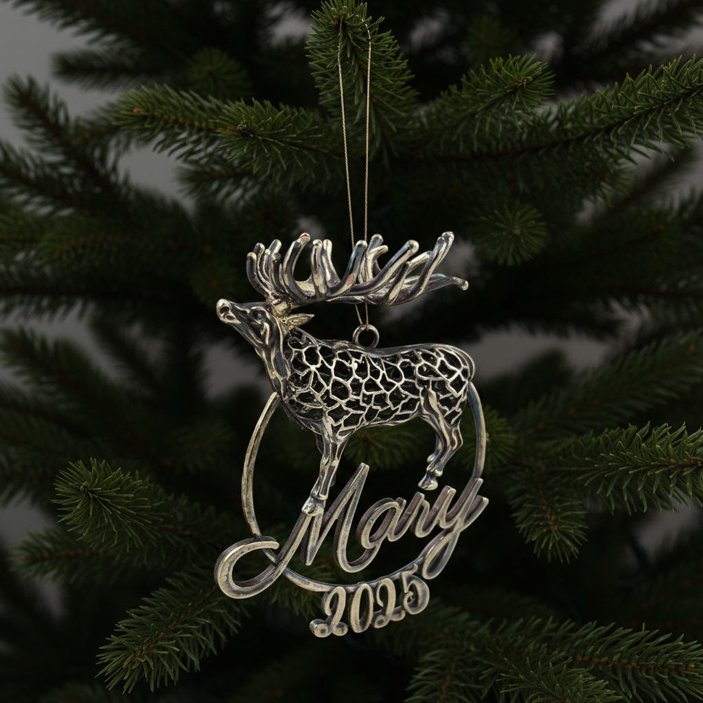 Personalised Reindeer christmas ornament | metallic tree decoration in gold, silver or antique | set of 2 or 4