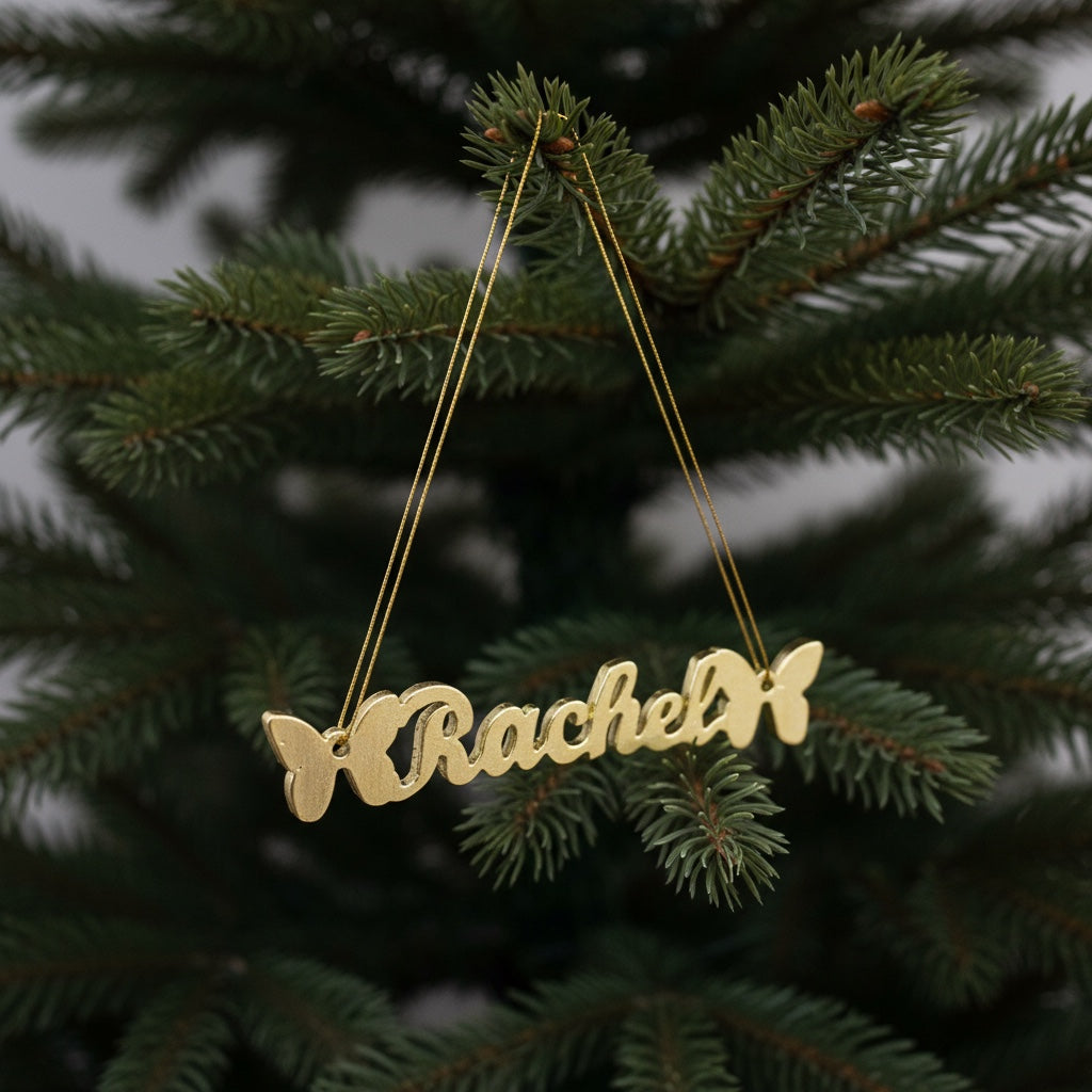 Custom name christmas ornament | gold butterfly stocking tag personalised decor | set of 2 or 4