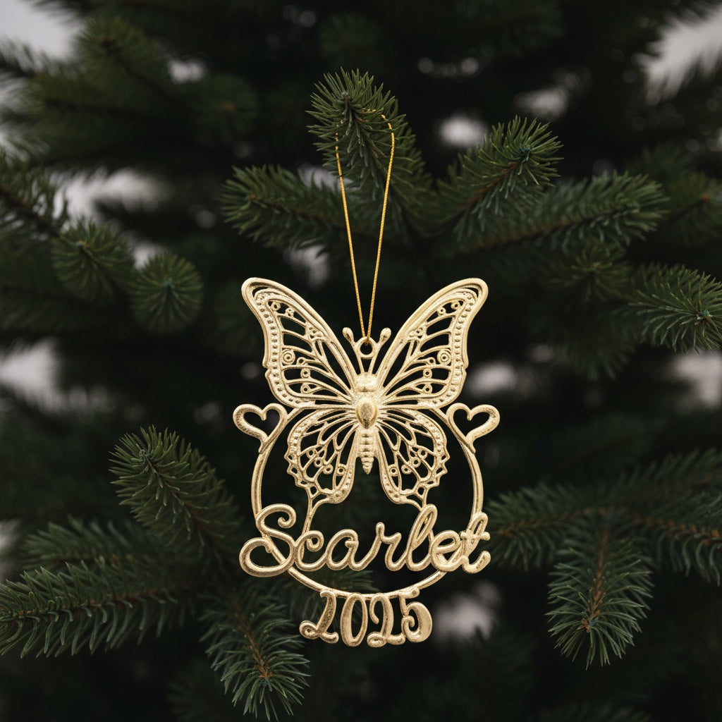 Personalised Butterfly Christmas ornament | metallic filigree name tag in gold, silver or antique | set of 2 or 4