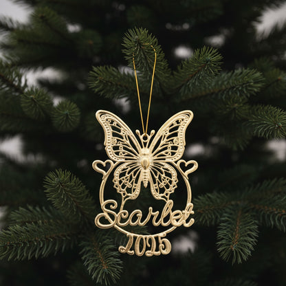 Personalised Butterfly Christmas ornament | metallic filigree name tag in gold, silver or antique | set of 2 or 4
