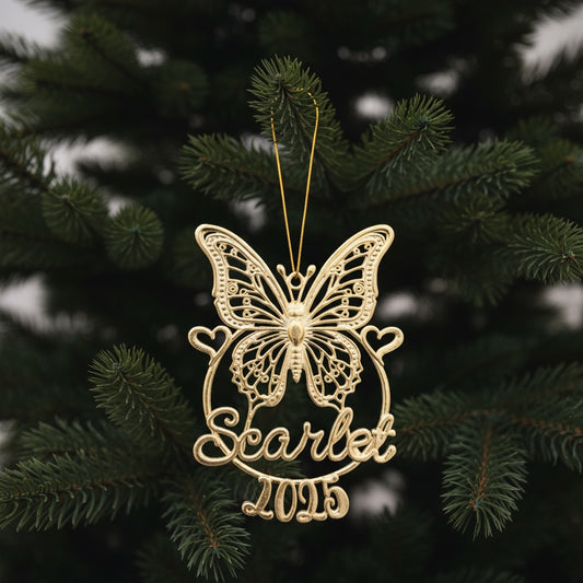 Personalised Butterfly Christmas ornament | metallic filigree name tag in gold, silver or antique | set of 2 or 4