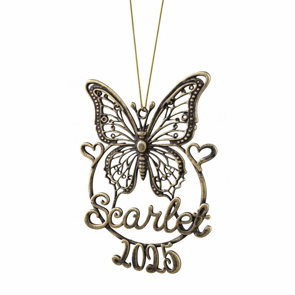 Personalised Butterfly Christmas ornament | metallic filigree name tag in gold, silver or antique | set of 2 or 4