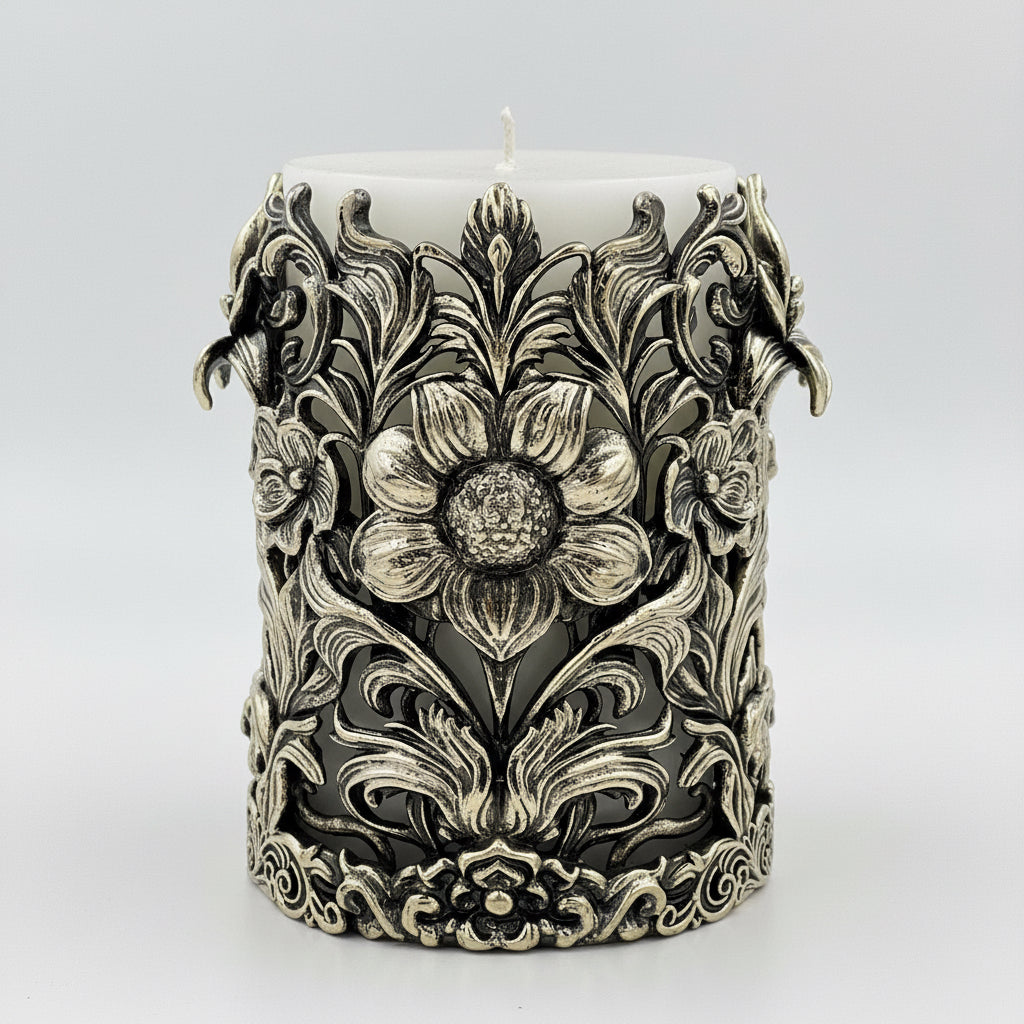 Personalized Antique Brass Candle Holder | Floral Pillar Candle Stand | Handmade Home Décor