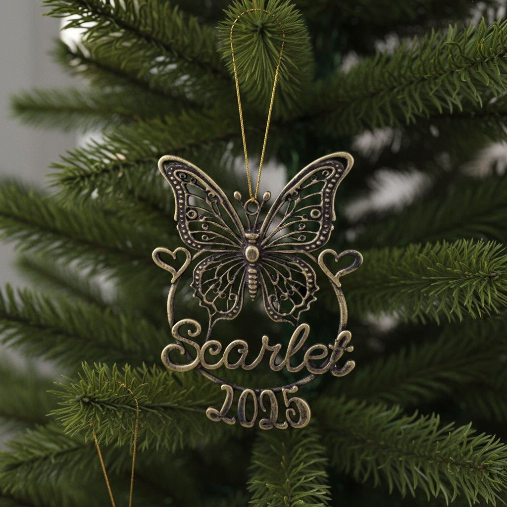 Personalised Butterfly Christmas ornament | metallic filigree name tag in gold, silver or antique | set of 2 or 4