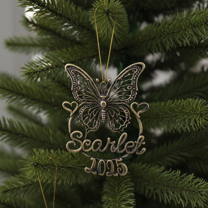 Personalised Butterfly Christmas ornament | metallic filigree name tag in gold, silver or antique | set of 2 or 4