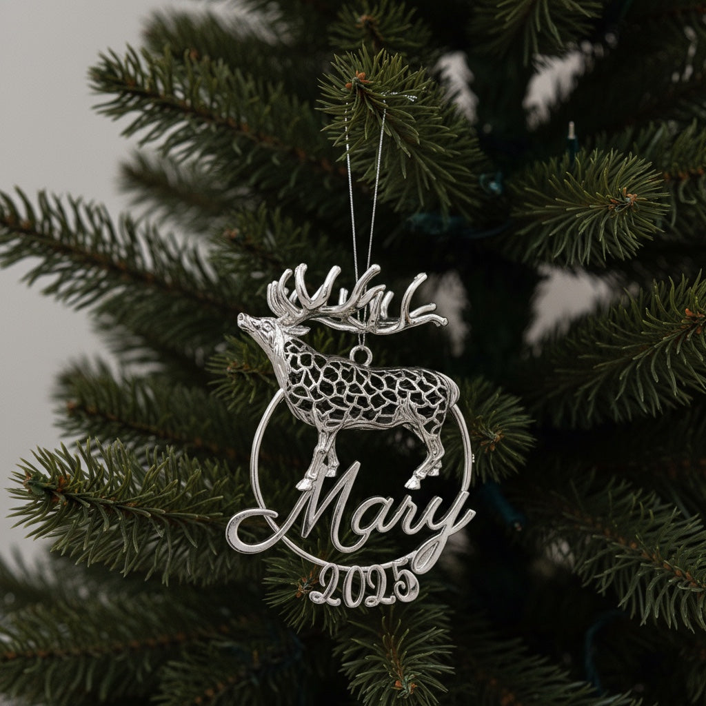 Personalised Reindeer christmas ornament | metallic tree decoration in gold, silver or antique | set of 2 or 4