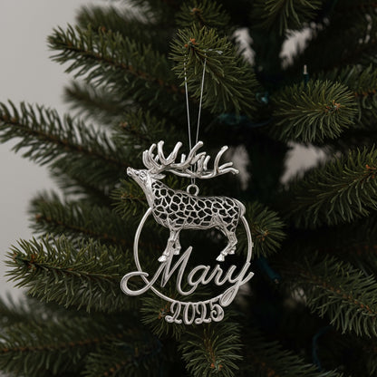 Personalised Reindeer christmas ornament | metallic tree decoration in gold, silver or antique | set of 2 or 4