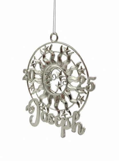 Personalised sun and moon christmas ornament set | metallic holiday decor in gold, silver or antique | set of 2 or 4