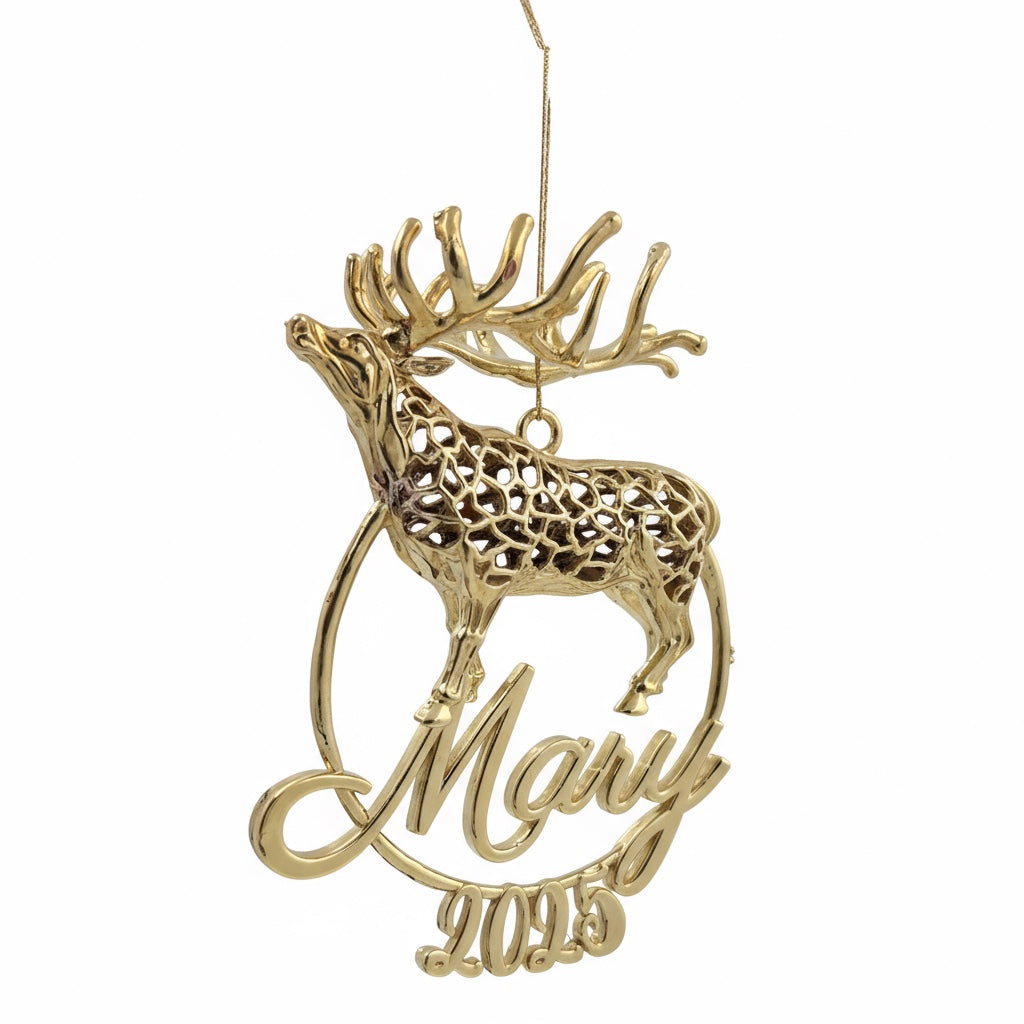 Personalised Reindeer christmas ornament | metallic tree decoration in gold, silver or antique | set of 2 or 4