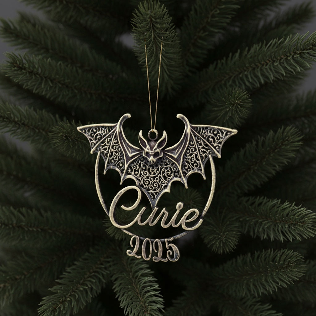 Personalised bat christmas ornament | filigree metallic tree decoration in gold, silver or antique | set of 2 or 4