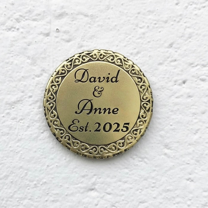 Custom engraved round coasters | Personalised metal name decor in gold, silver or antique | set of 4
