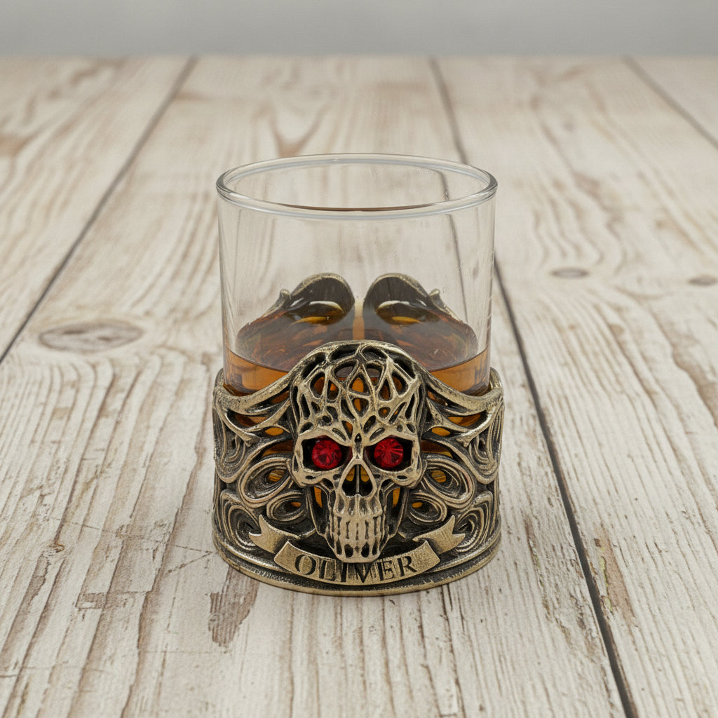 Personalized Skull Whisky Glass | Custom Engraved Whiskey Glass with Skull Holder | Gothic Gift