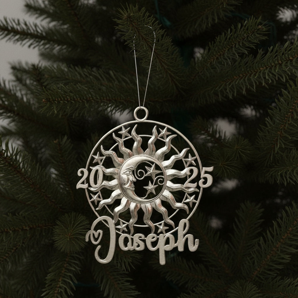 Personalised sun and moon christmas ornament set | metallic holiday decor in gold, silver or antique | set of 2 or 4
