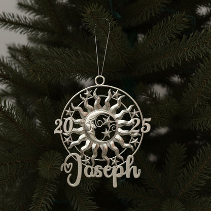 Personalised sun and moon christmas ornament set | metallic holiday decor in gold, silver or antique | set of 2 or 4