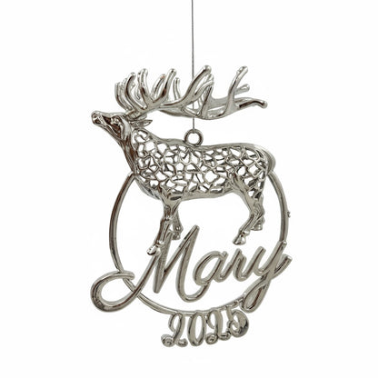 Personalised Reindeer christmas ornament | metallic tree decoration in gold, silver or antique | set of 2 or 4