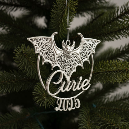 Personalised bat christmas ornament | filigree metallic tree decoration in gold, silver or antique | set of 2 or 4