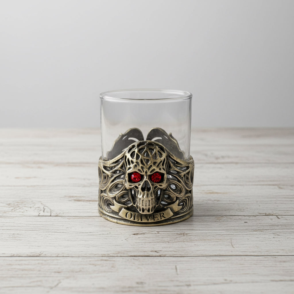 Personalized Skull Whisky Glass | Custom Engraved Whiskey Glass with Skull Holder | Gothic Gift