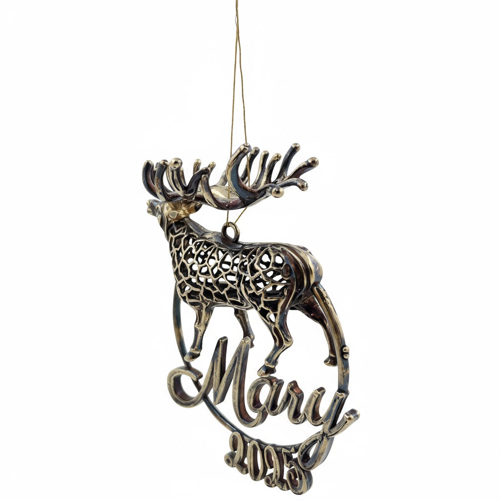 Personalised Reindeer christmas ornament | metallic tree decoration in gold, silver or antique | set of 2 or 4