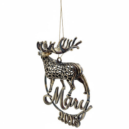 Personalised Reindeer christmas ornament | metallic tree decoration in gold, silver or antique | set of 2 or 4