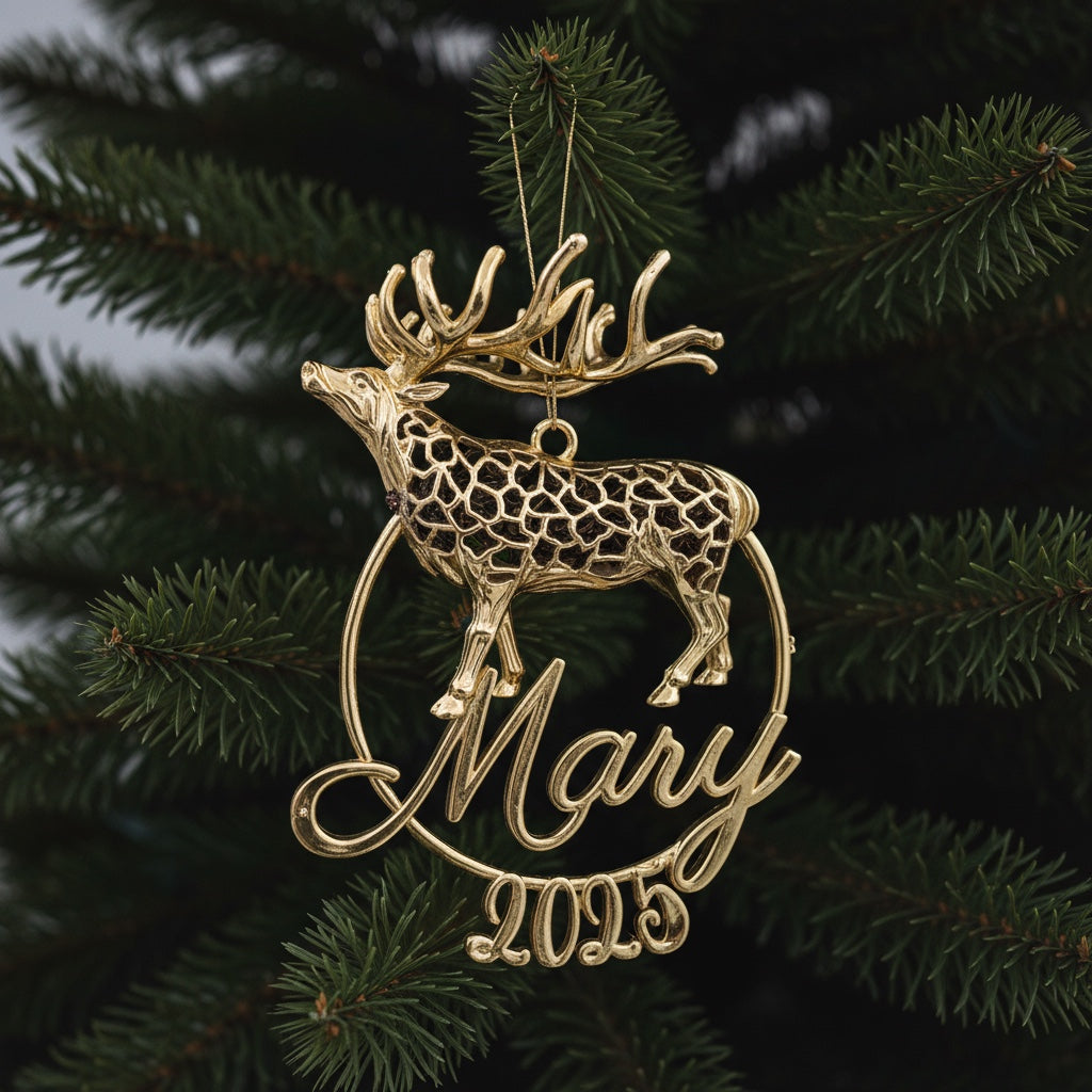 Personalised Reindeer christmas ornament | metallic tree decoration in gold, silver or antique | set of 2 or 4