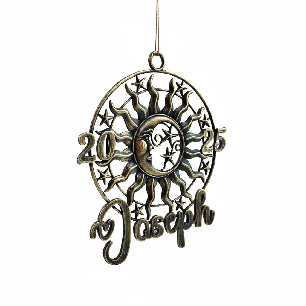 Personalised sun and moon christmas ornament set | metallic holiday decor in gold, silver or antique | set of 2 or 4