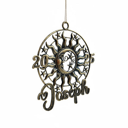 Personalised sun and moon christmas ornament set | metallic holiday decor in gold, silver or antique | set of 2 or 4