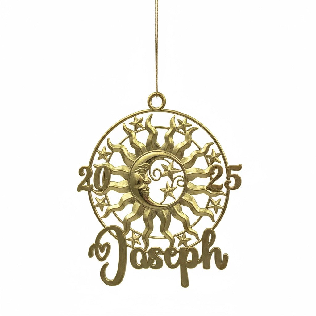 Personalised sun and moon christmas ornament set | metallic holiday decor in gold, silver or antique | set of 2 or 4