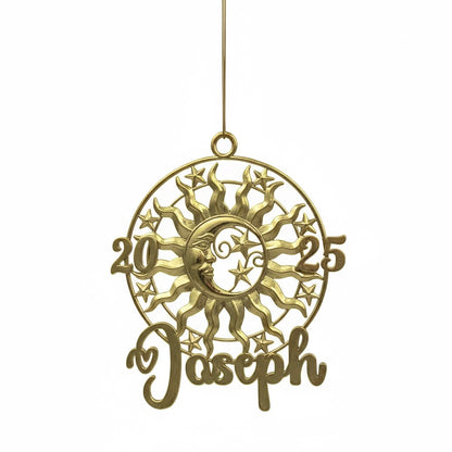 Personalised sun and moon christmas ornament set | metallic holiday decor in gold, silver or antique | set of 2 or 4