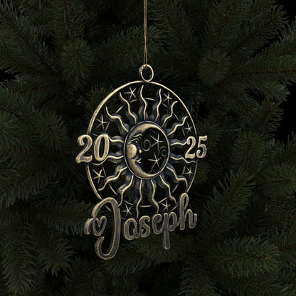 Personalised sun and moon christmas ornament set | metallic holiday decor in gold, silver or antique | set of 2 or 4