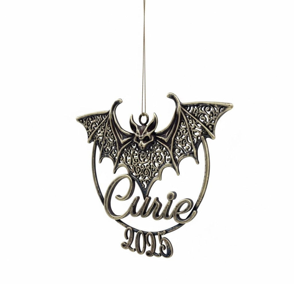 Personalised bat christmas ornament | filigree metallic tree decoration in gold, silver or antique | set of 2 or 4