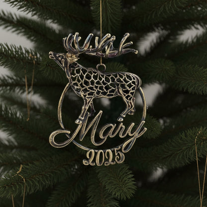 Personalised Reindeer christmas ornament | metallic tree decoration in gold, silver or antique | set of 2 or 4