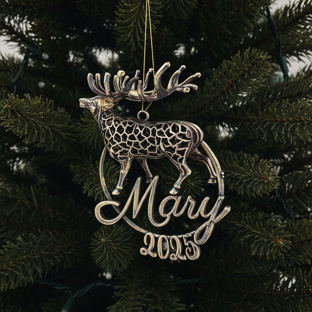 Personalised Reindeer christmas ornament | metallic tree decoration in gold, silver or antique | set of 2 or 4