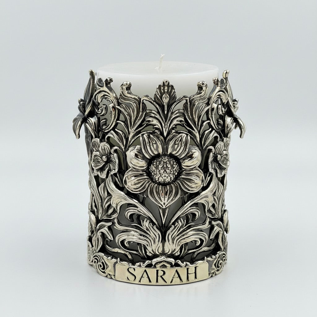 Personalized Antique Brass Candle Holder | Floral Pillar Candle Stand | Handmade Home Décor