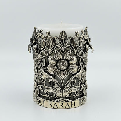 Personalized Antique Brass Candle Holder | Floral Pillar Candle Stand | Handmade Home Décor