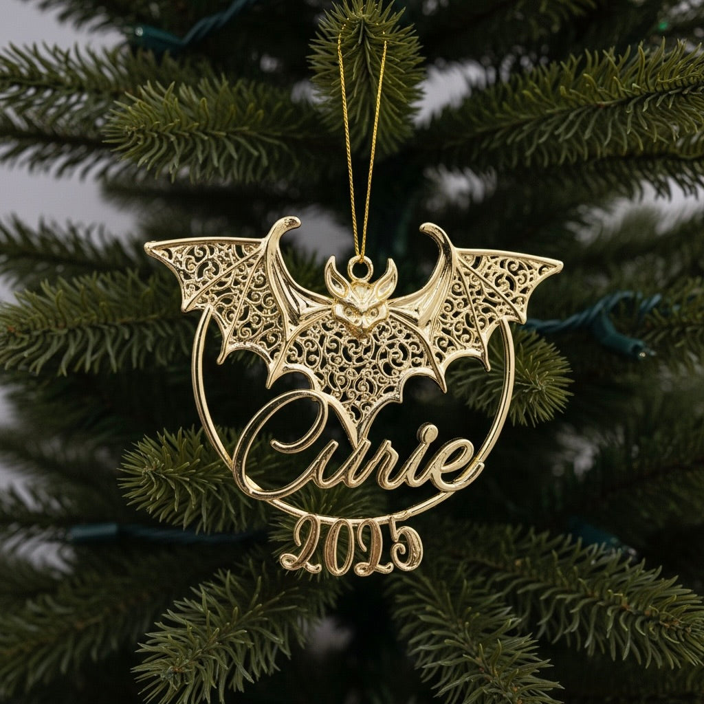 Personalised bat christmas ornament | filigree metallic tree decoration in gold, silver or antique | set of 2 or 4