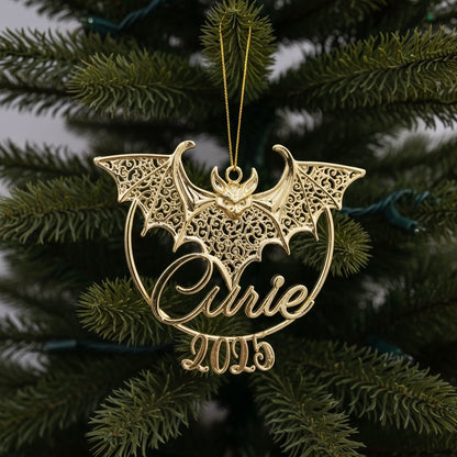 Personalised bat christmas ornament | filigree metallic tree decoration in gold, silver or antique | set of 2 or 4