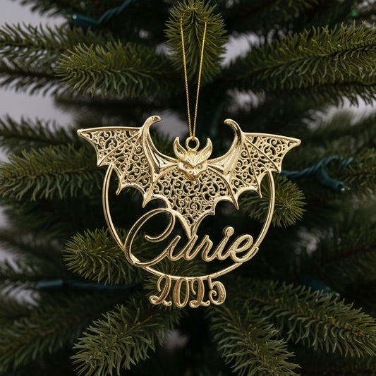Personalised bat christmas ornament | filigree metallic tree decoration in gold, silver or antique | set of 2 or 4