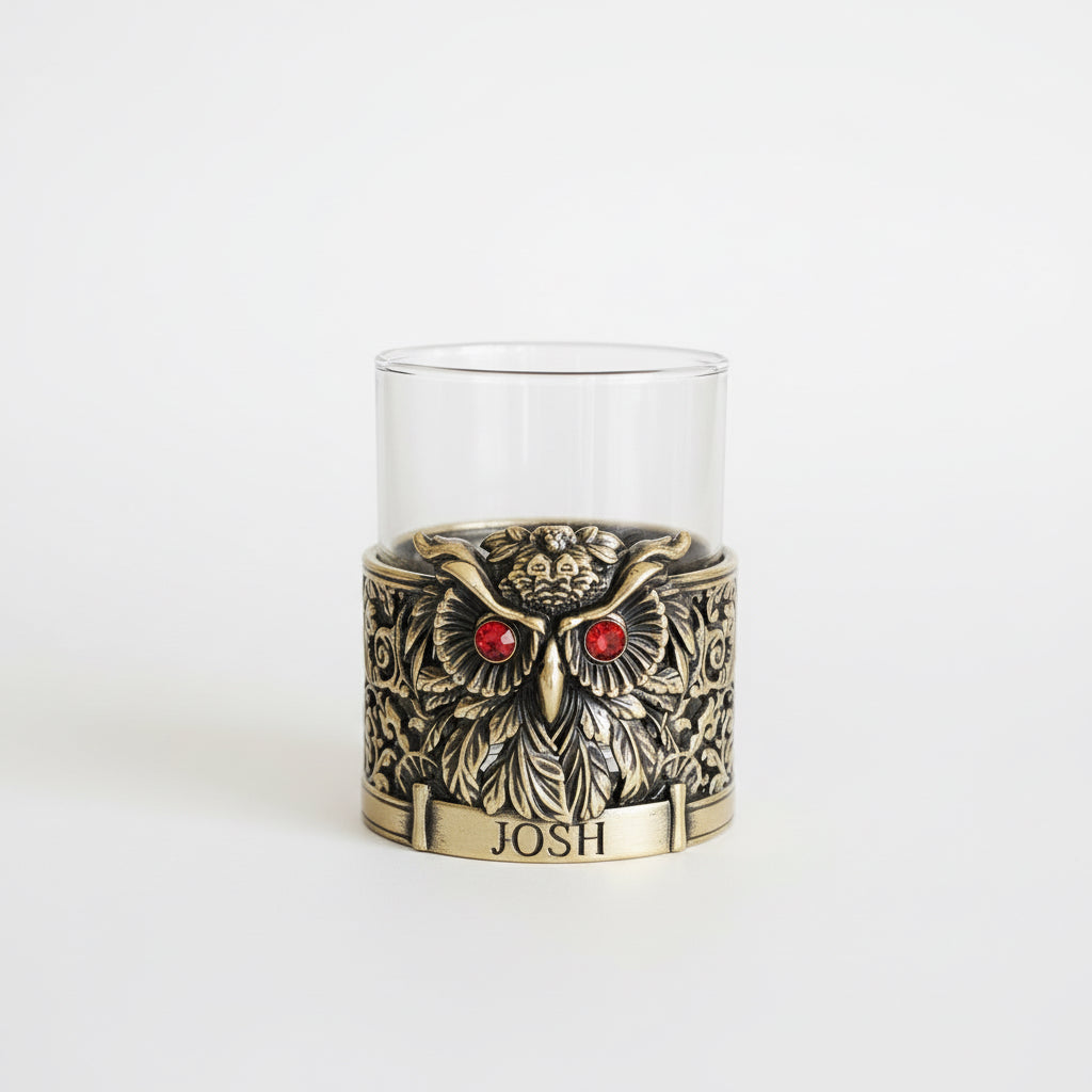 Personalized Owl Whisky Glass | Custom Engraved Whiskey Glass with Owl Holder | Handmade Gift