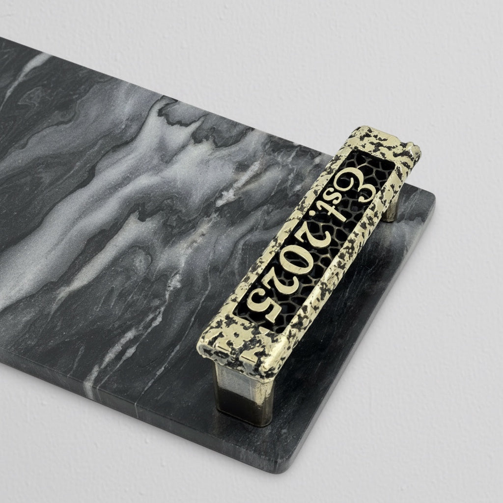 Personalised black marble serving tray | custom engraved handles in antique finish