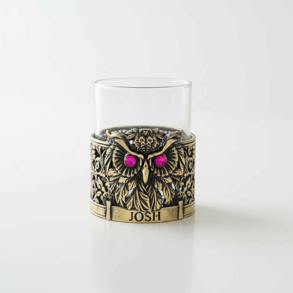 Personalized Owl Whisky Glass | Custom Engraved Whiskey Glass with Owl Holder | Handmade Gift
