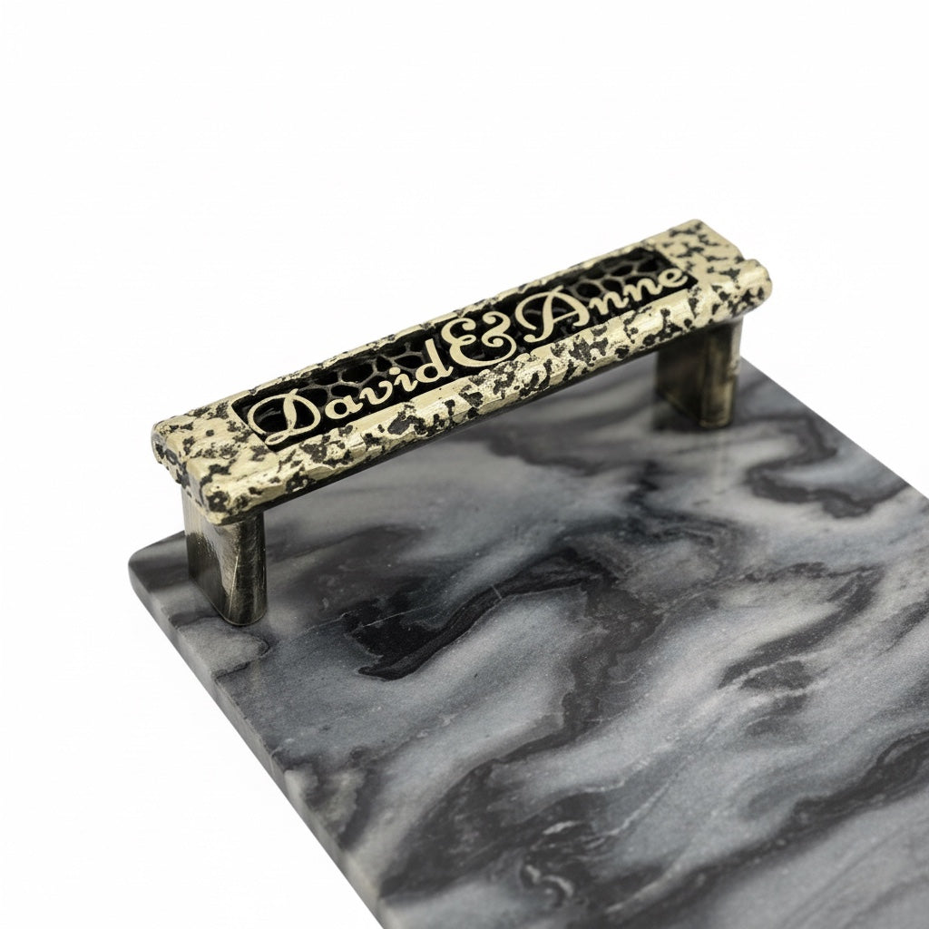 Personalised black marble serving tray | custom engraved handles in antique finish