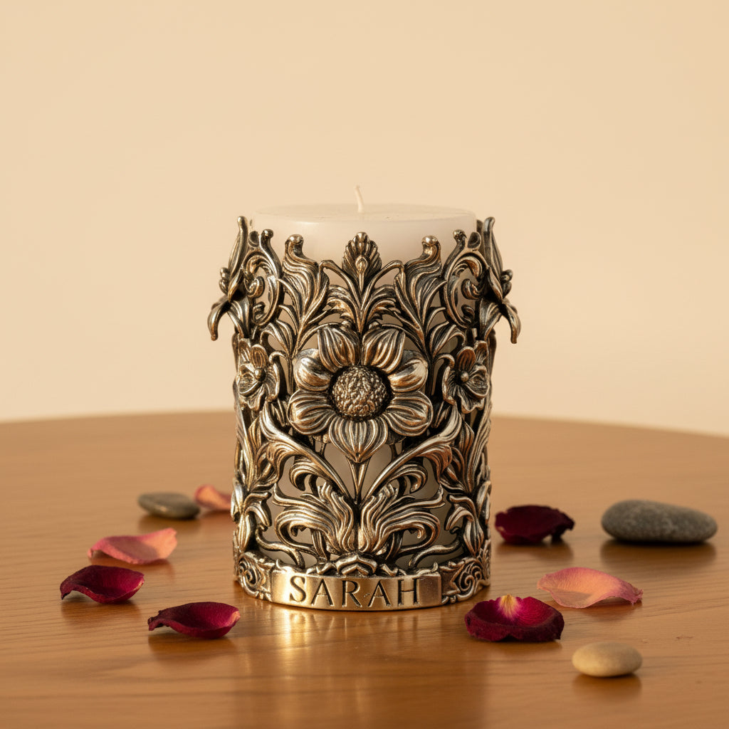Personalized Antique Brass Candle Holder | Floral Pillar Candle Stand | Handmade Home Décor
