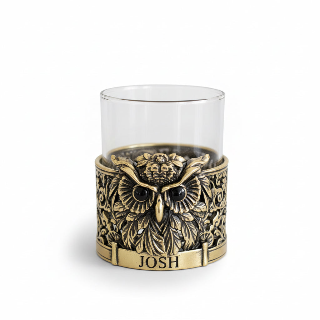 Personalized Owl Whisky Glass | Custom Engraved Whiskey Glass with Owl Holder | Handmade Gift