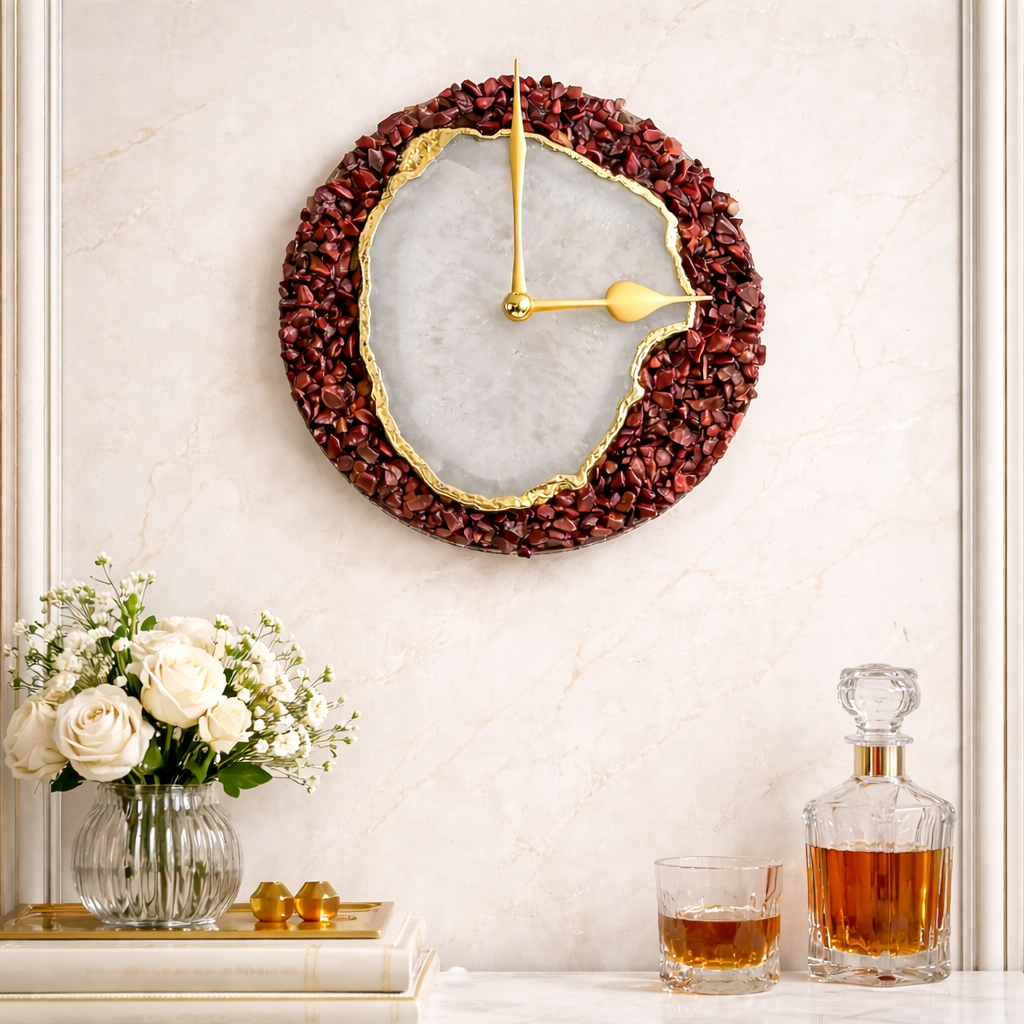 6" Diameter Burnt Red Crystal With White Agate Wall Clock