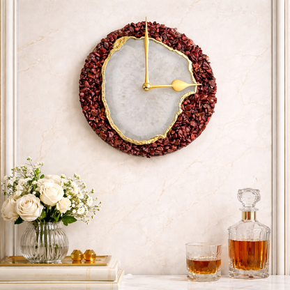 6" Diameter Burnt Red Crystal With White Agate Wall Clock