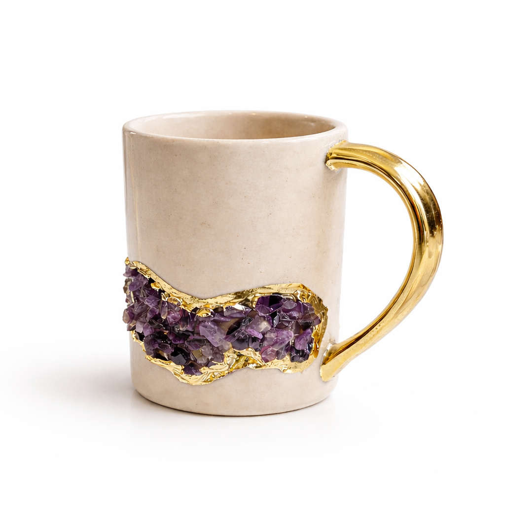 Cream & Gold Ceramic Amethyst Mugs (Set of 2)