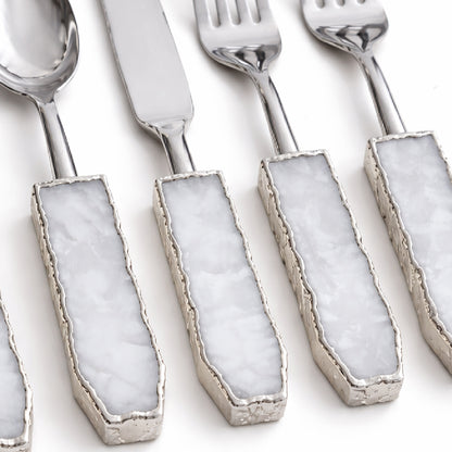 Set of 5 Pieces White Agate Cutlery - Forks/Spoons/Knife